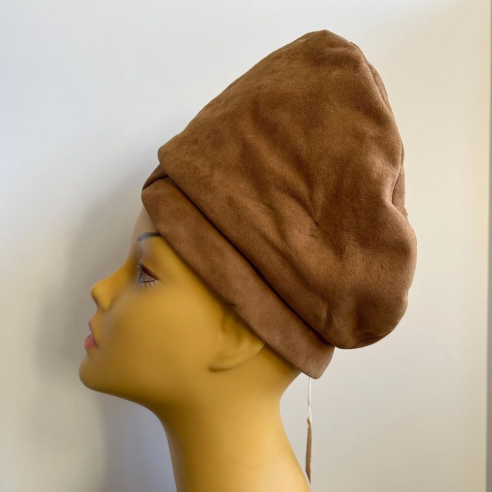Vintage 60s Tan Suede Structured Tall Turban Style Hat By Elysees DEADSTOCK - Picture 4 of 8
